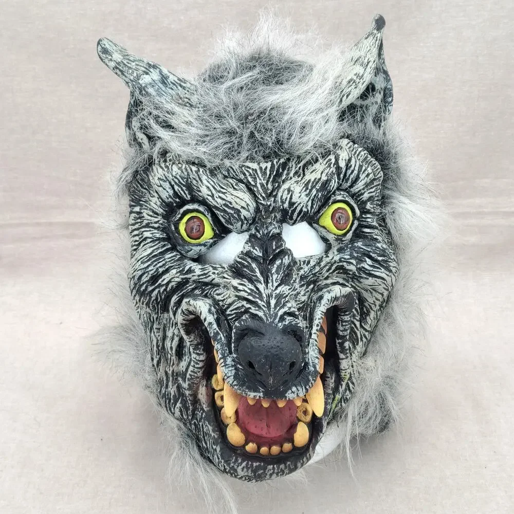 Werewolf Wolf Monster Halloween Deluxe Rubber Mask White Black Gray Faux Fur